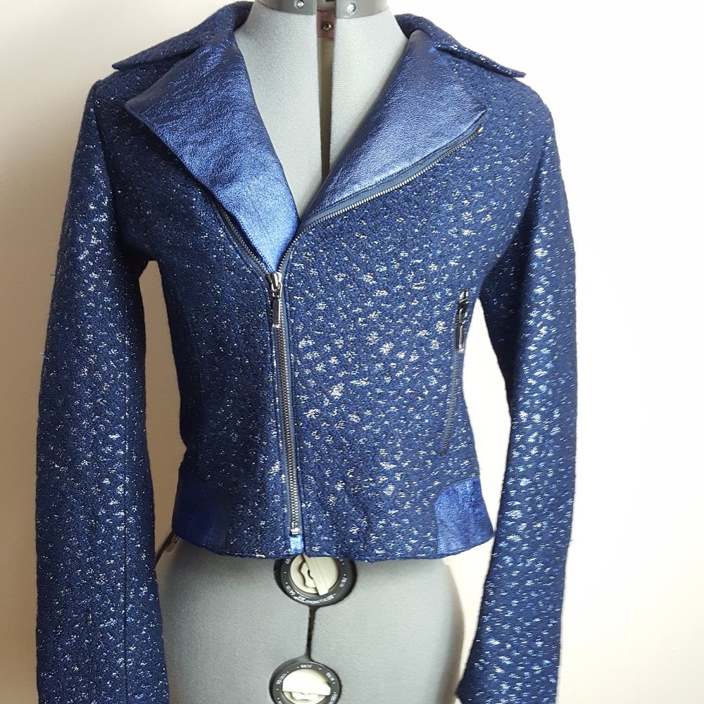 Elie Tahari Mae Mixed Media Leather Trim Moto Jacket Navy Blue